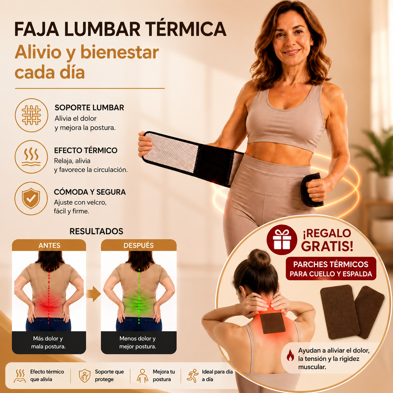 FAJA LUMBAR TÉRMICA - LUMBOCARE + PARCHES ALIVIO DEL DOLOR GRATIS