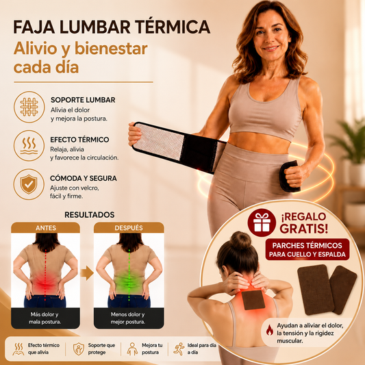 FAJA LUMBAR TÉRMICA - LUMBOCARE + PARCHES ALIVIO DEL DOLOR GRATIS